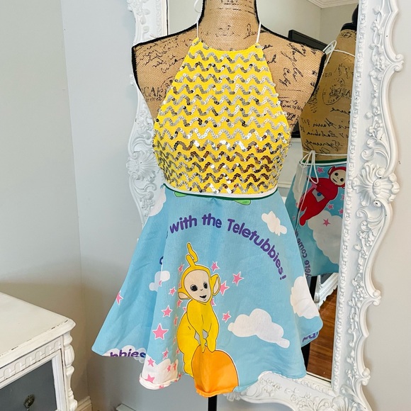 SALE Reconstructed TELETUBBIES Laa Laa Skater Dress - Picture 1 of 7